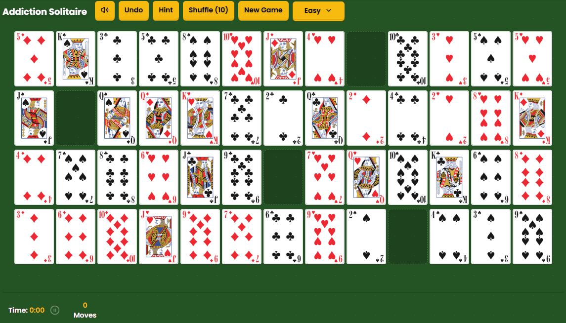 Addiction Solitaire 4-row grid setup with empty slots