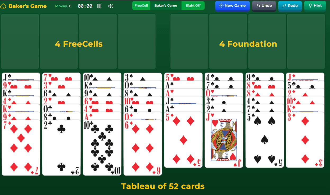 Baker's Game Solitaire layout showing tableau, free cells, and foundations