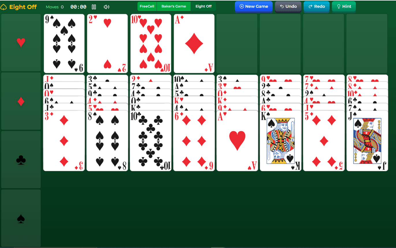 Eight Off Solitaire setup showing tableau, free cells, and foundations