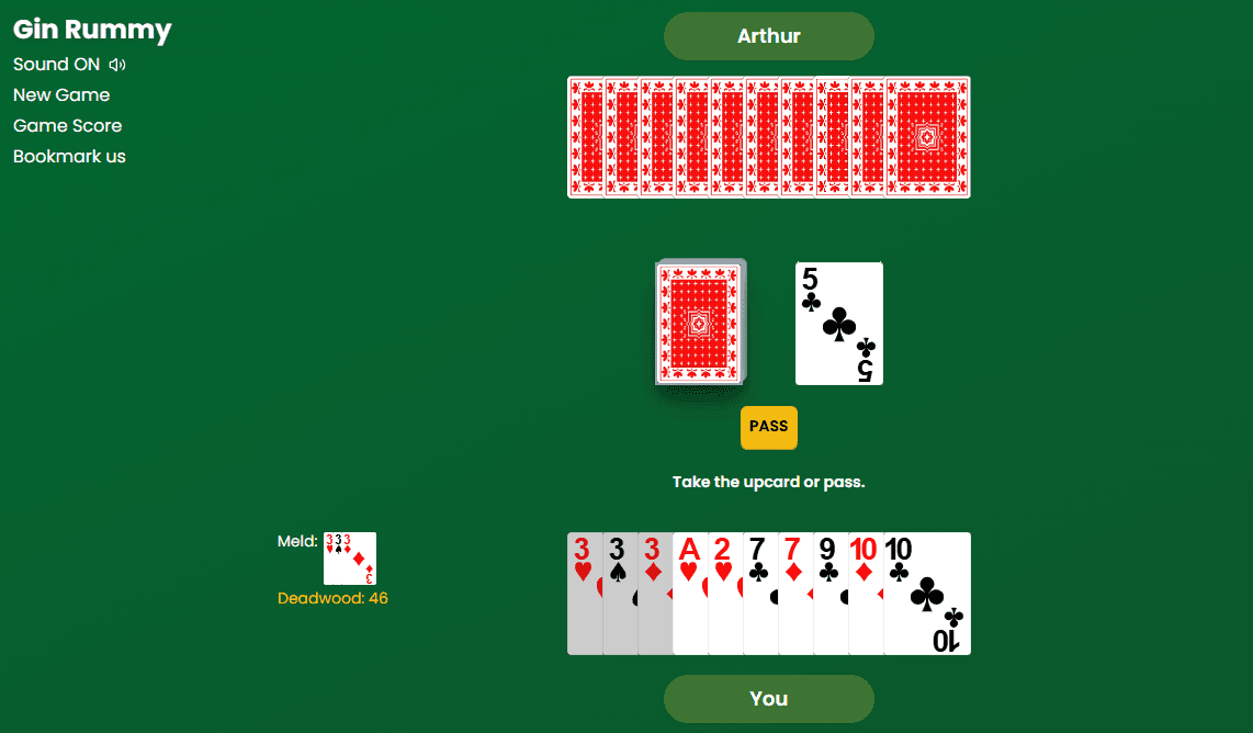 Gin Rummy 2-player setup with stockpile and discard pile